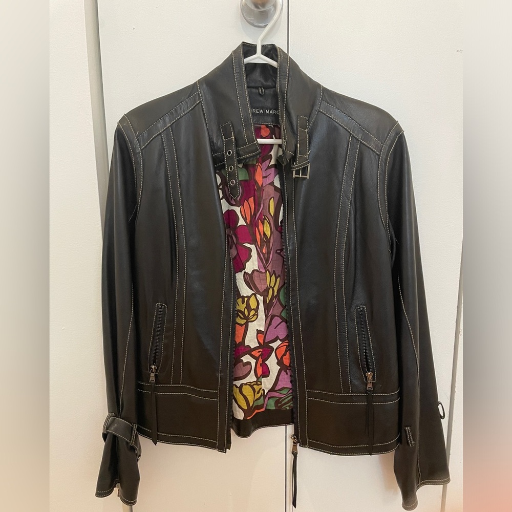 Andrew Marc Black Leather Jacket with Colorful Floral Lining